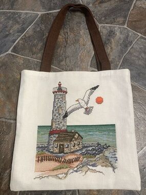 Handmade Treasure, Embroidered Lighthouse Tote Bag with Seagull. Beach Bag.
